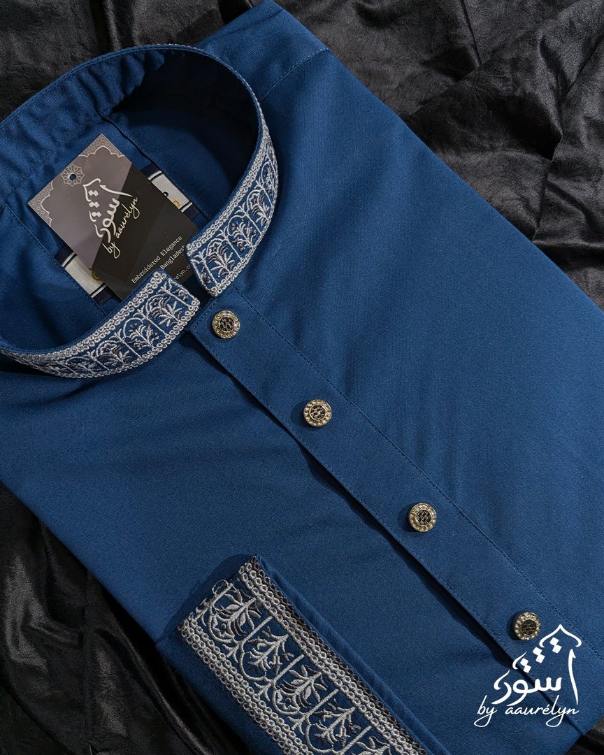 Aswad-Teal Blue Regular Fit Embroidery Panjabi - aaurélyn | Aswad Collection
