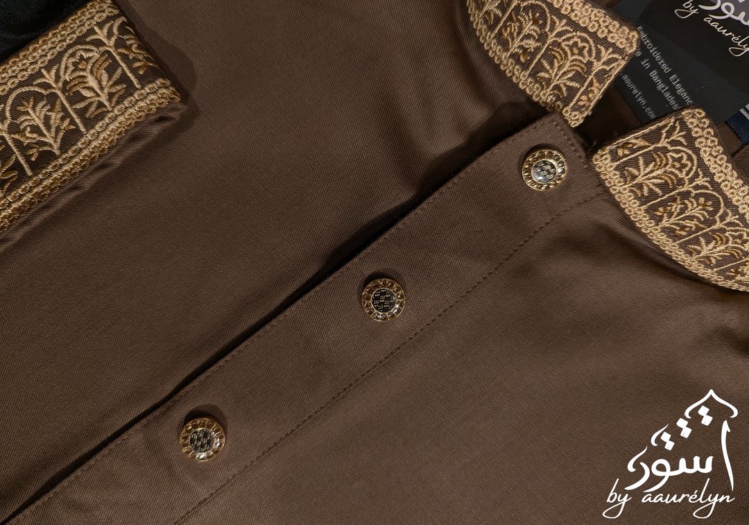Aswad- Brown Regular Fit Embroidery Panjabi - aaurélyn | Aswad Collection