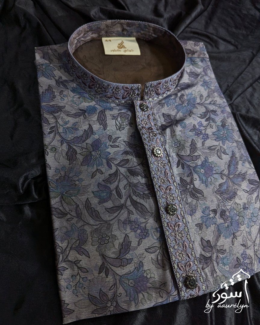 Lavender Floral Embroidered China Silk Panjabi - aaurélyn