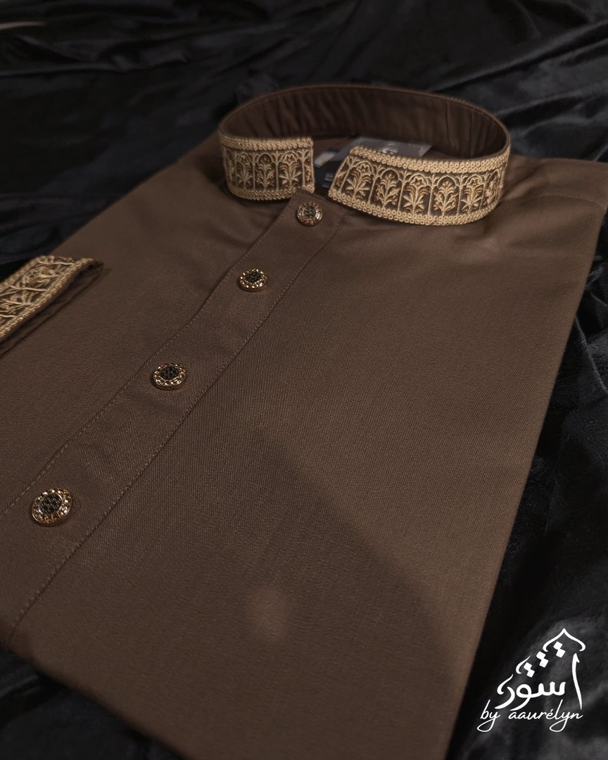 Aswad- Brown Regular Fit Embroidery Panjabi - aaurélyn | Aswad Collection