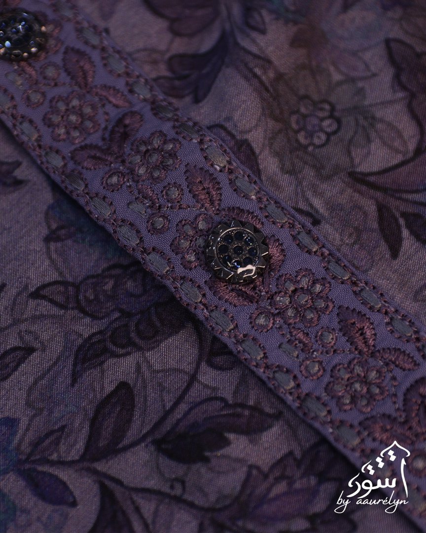 Lavender Floral Embroidered China Silk Panjabi - aaurélyn